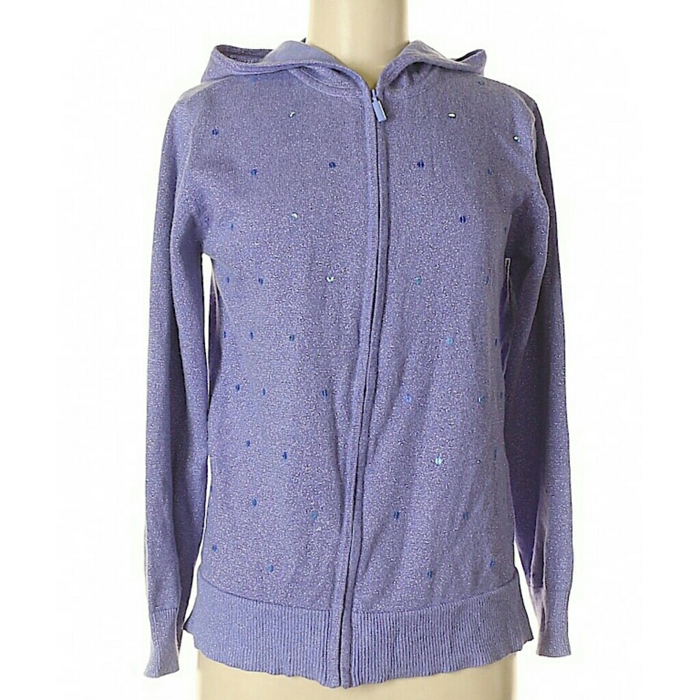 The Quacker Factory Purple Sequin Full Zip Hoodie Knit Cardigan Sweater Size S
